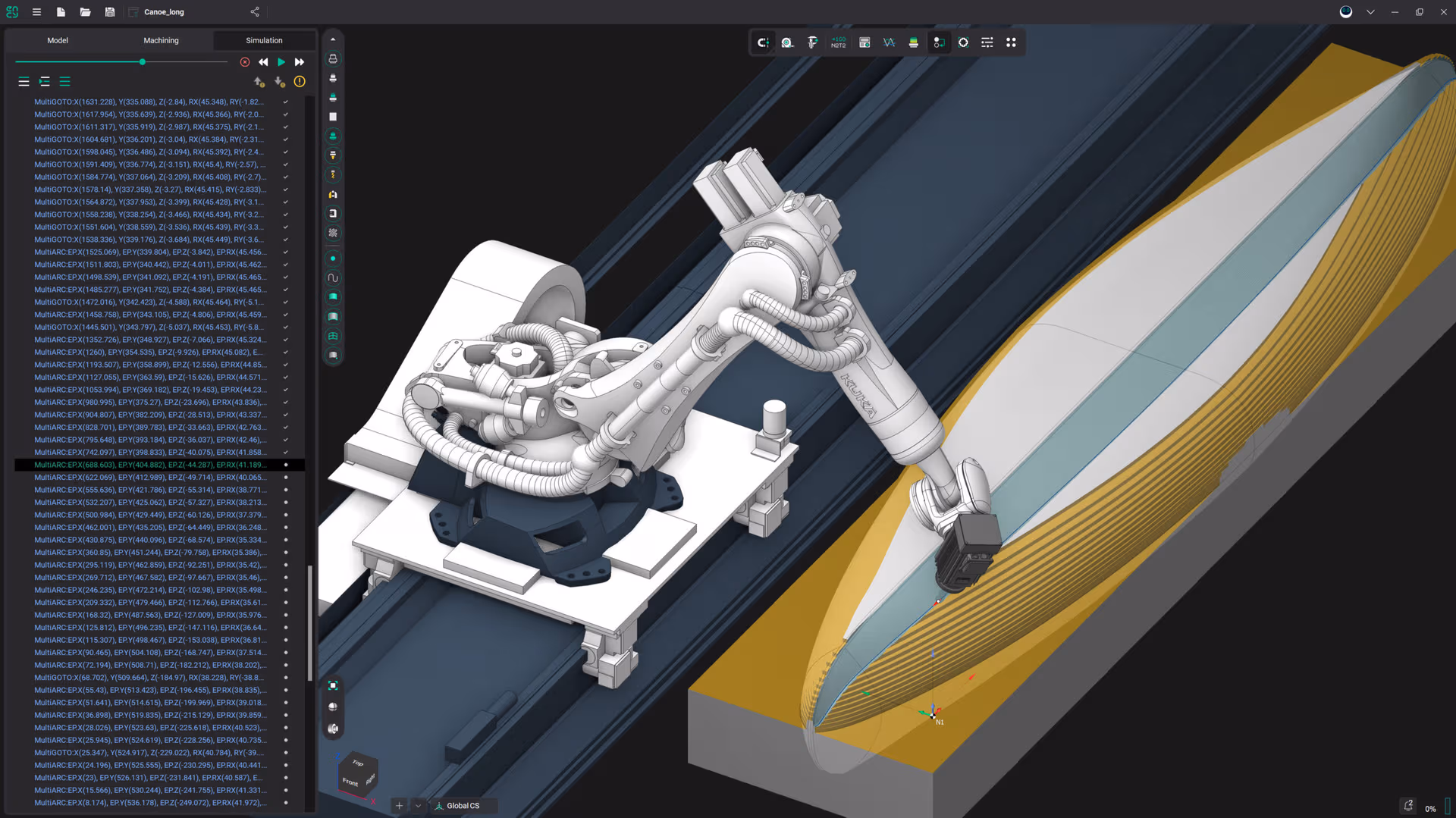 Real ENCY Robot workspace — KUKA robot machining a canoe-shaped part with the operations panel and toolpath visible